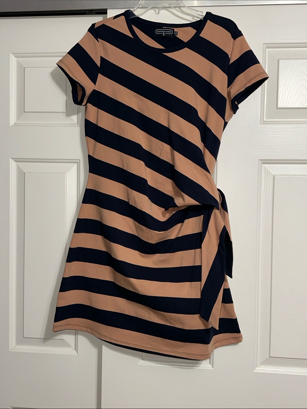 Duffield Lane Navy and Tan Diagonal Stripe Tie-Side Mini Dress